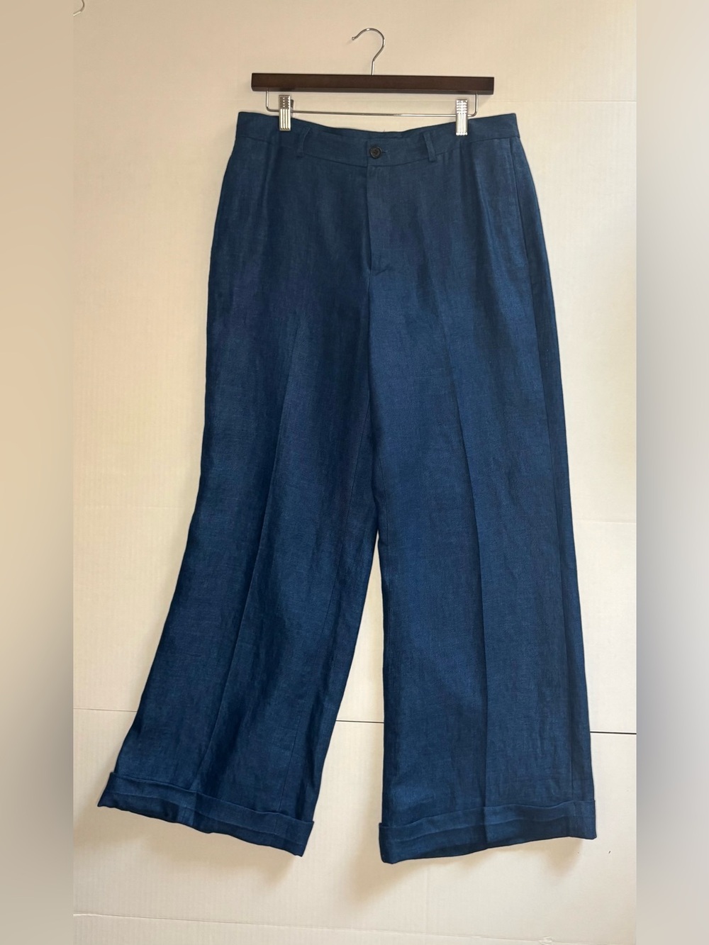 Vintage Ralph Lauren 100% Linen Wide Leg Trousers Blue Size 10